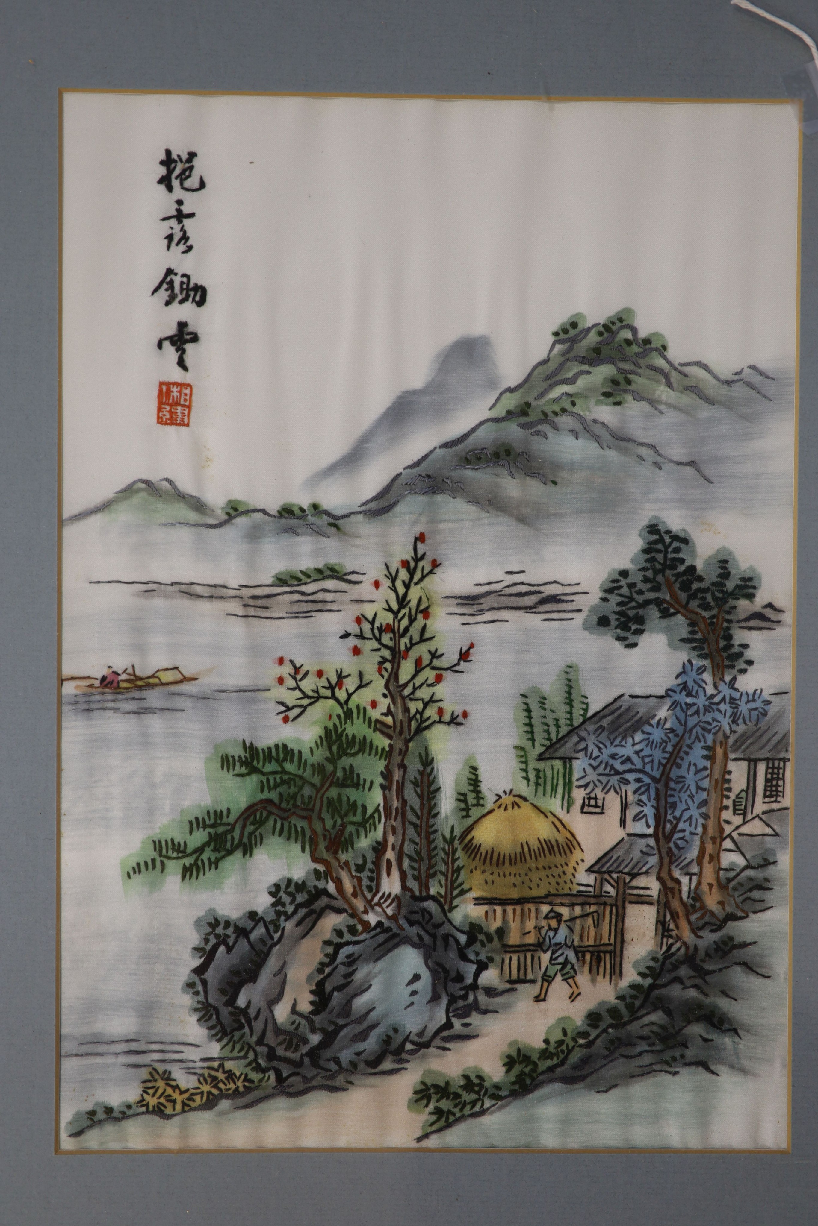 Four assorted Asian decorated silk panels and three other pictures, largest 30 x 21cm